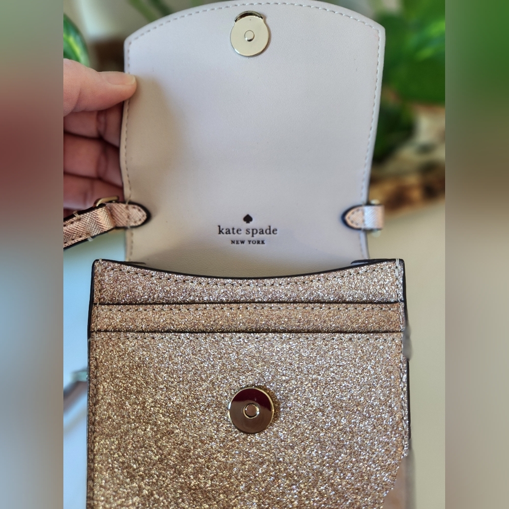 Kate Spade Shimmy Glitter North South Flap Phone Crossbody Rose Gold Pink - Picture 4 of 10